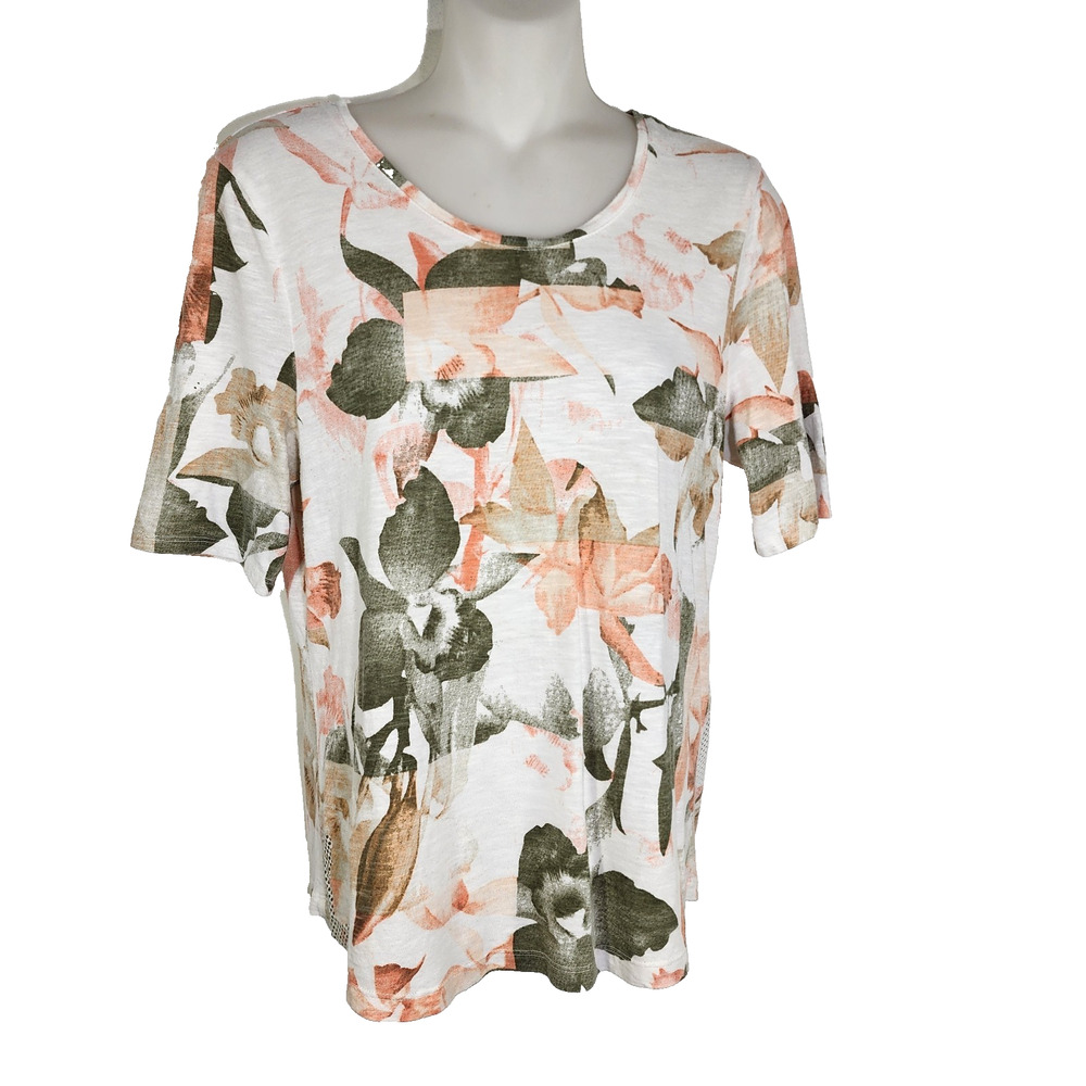 Chico's Womens Top Small Elbow Sleeve Mini Dot Floral Knit Print Coastal Cora